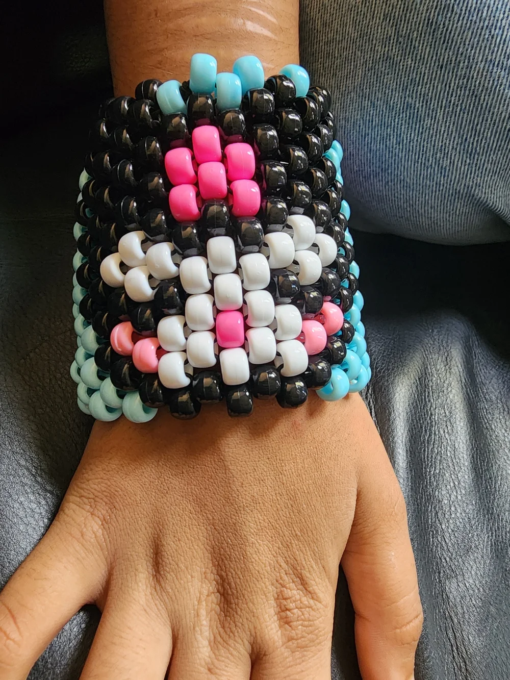 Handmade Beaded Kandi Cuff Bracelet in Black, White, Pink & Blue